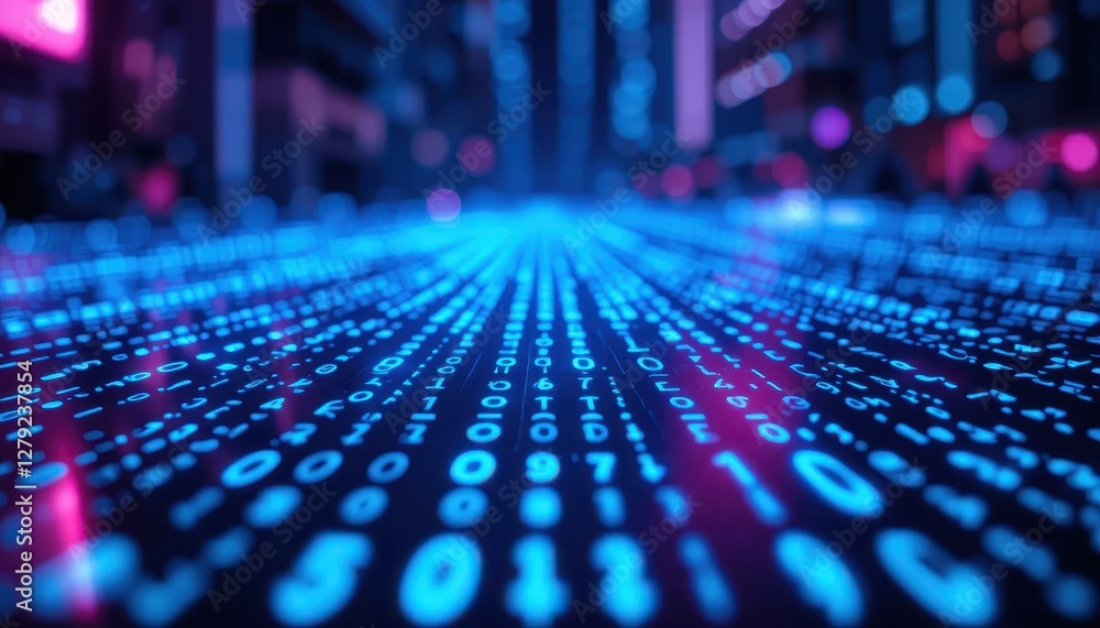 Poster futuristic digital landscape with binary code and neon lights