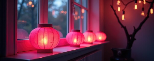 Pink lanterns create a warm and cozy ambiance on the window sill, pink lanterns, tranquility
