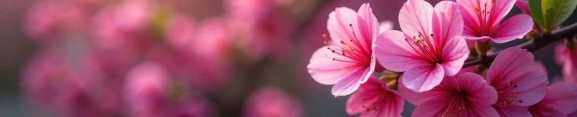 Naklejka premium Pink petals unfurl on a dense pink flowering shrub, pink blooms, blooming