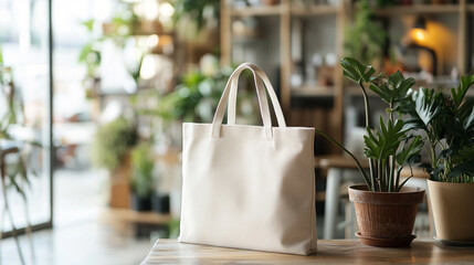 White tote bag placed on a wooden table in a cozy cafe filled with greenery