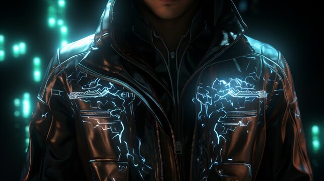 Futuristic cyberpunk jacket with neon lights and digital patterns