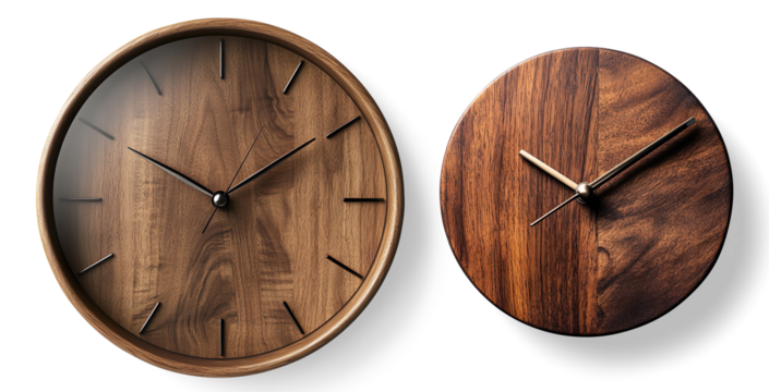 Minimalist Wooden Wall Clock with Black Hands on a Transparent Background