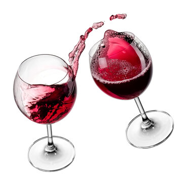 Two red wine glasses up, view above on white background, studio shot