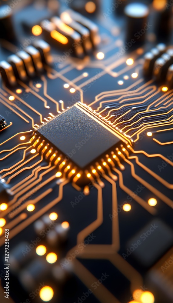Poster illuminated circuit board shows intricate network and central chip