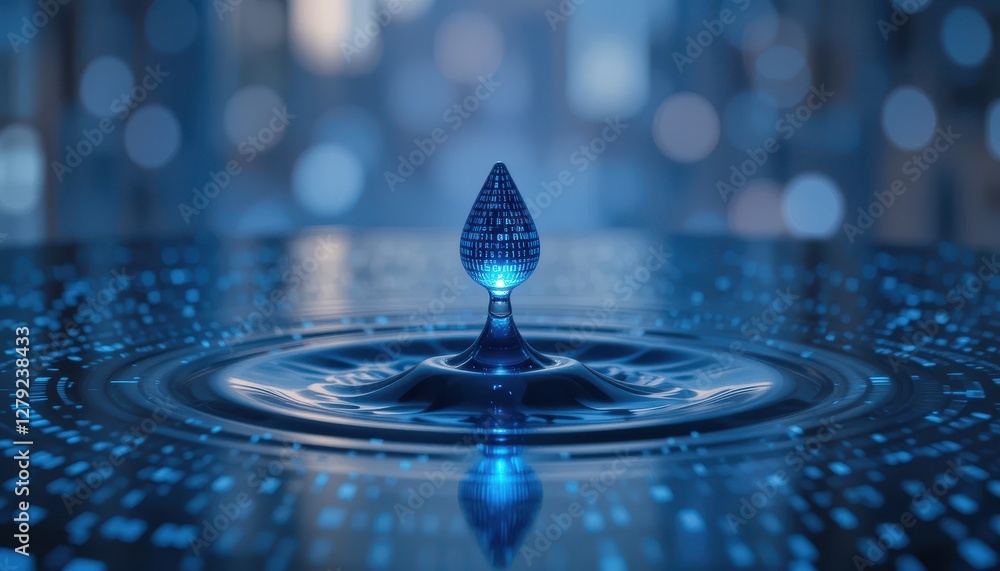 Poster digital water drop with binary code ripples in abstract background