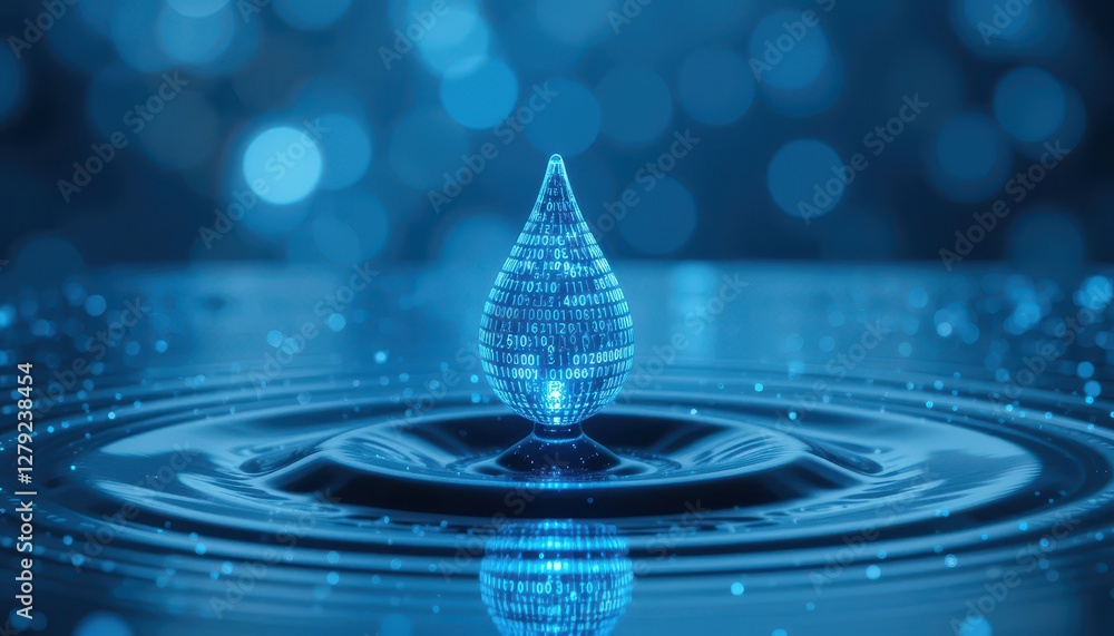 Poster digital water drop with binary code in blue tone for technology theme