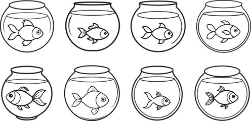 set of Goldfish in a Bowl line art, black outline, vector and illustration, line art and outline