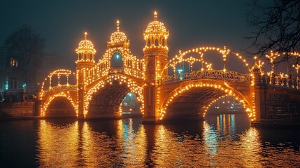 Fototapeta premium Illuminated bridge at night over calm water, festive atmosphere. Possible use Stock photo for travel, holidays, or tourism