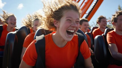 Obraz premium Joyful moments on amusement park ride with happy young people