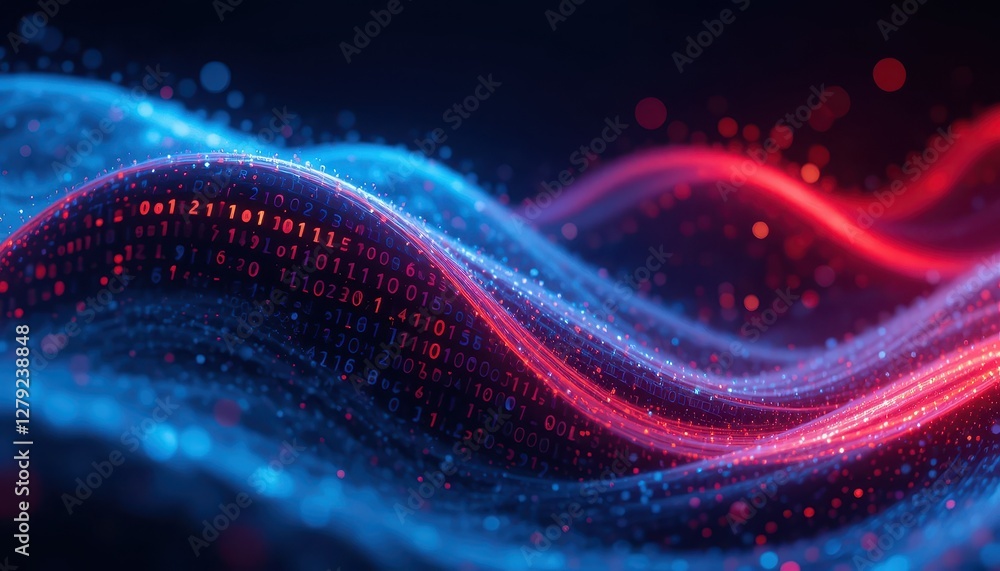  colorful digital waves with binary code and sparkling particles