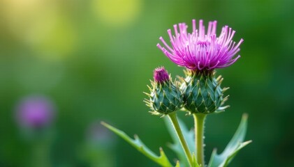 Purple thistle buds with delicate green leaves, foliage, closeup