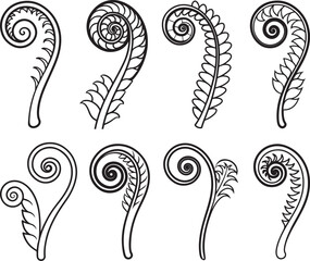 set of fiddlehead fern line art, black outline, vector and illustration, line art and outline © 69creativedesigner