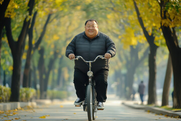 Obraz premium Overweight Man Cycling Through the Park