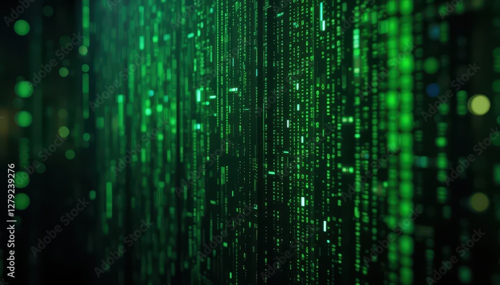 Poster green digital matrix background with glowing binary code effects