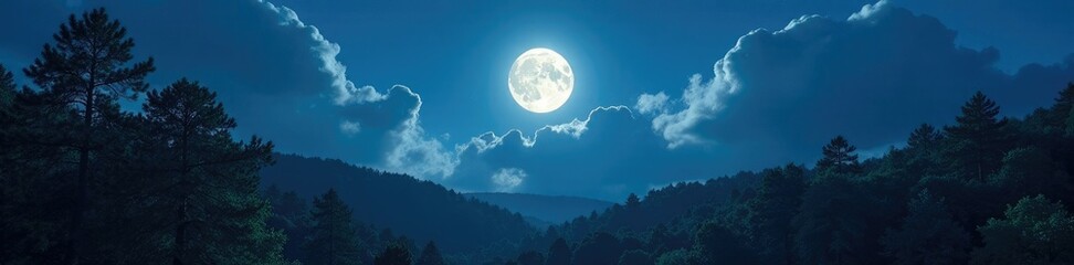 Fototapeta premium Serene forest at night with full moon and cloudy sky, clouds, trees, serene