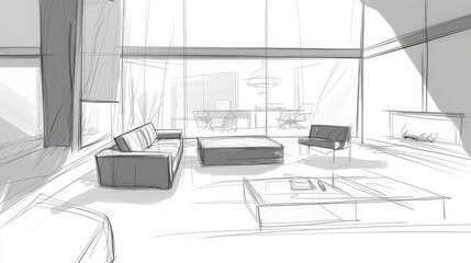 Interior sketch of modern living room, design concept, architectural drawing, potential use in architectural portfolio