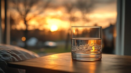 Still life composition of a water glass on a wooden bedside table at dusk