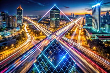 Fototapeta premium Night Photography Diamond Line: Sparkling City Lights, Glowing Lines, Urban Nightscape, Dark Sky, Long Exposure, Illuminated Streets