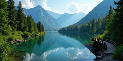 serpentine lake nestled between mountains and trees, nature scenery, wooden bridge