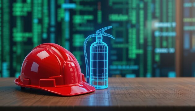 Red Hard Hat with Fire Extinguisher on Abstract Digital Background
