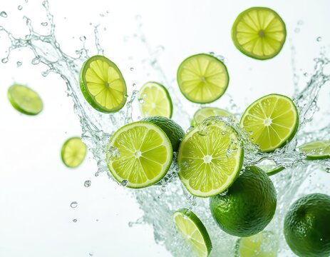 Fresh green limes with water splashes isolated on white background. Falling juicy citrus, vibrant sour slices, drops in motion. Refreshment concept for summer drink. Mojito ingredient, healthy juice.