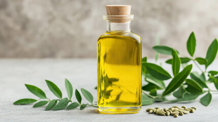 Moringa oil in glass bottle with fresh leaves and seeds, showcasing natural beauty and health benefits