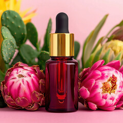 Prickly pear oil in a luxurious dropper bottle, surrounded by vibrant cacti and flowers, highlighting exotic skincare and deep hydration.