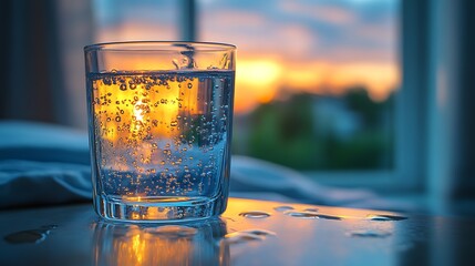 Golden hour light gently illuminating a glass of water on a bedside table