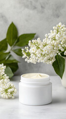 Retinol cream in an elegant white jar, surrounded by fresh white flowers and botanical elements, highlighting luxury skincare and deep hydration.