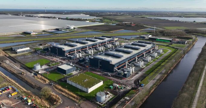 Hyperscaler, data center, cloud computing infrastructure, big data and IT, AI, infrastructure. Aerial drone views.
