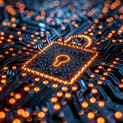 Fototapeta premium A glowing padlock symbol on a circuit board, symbolizing digital security.
