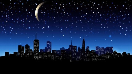 Night City Skyline Under Crescent Moon and Stars