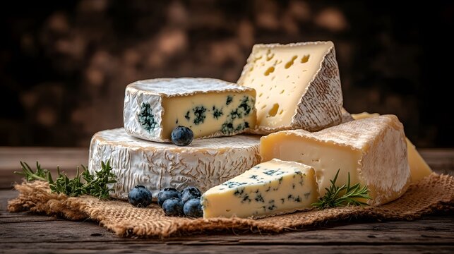 Artistic Display of Blue Cheese with Dorblu on Rustic Wooden Surface and Textured Burlap