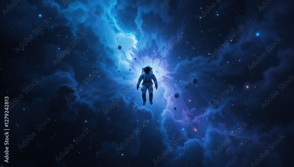 Poster astronaut floating in deep space surrounded by colorful nebulae