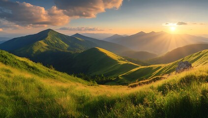 Obraz premium Lush Green Mountain Valley A Beautiful Landscape with Rolling Hills, Vibrant Green Grass, and Distant Mountains Under a Cloudy Sky