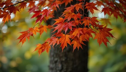 Vibrant Red and Orange Maple Leaves with Soft Green Background