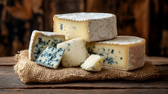 Artistic Display of Blue Cheese with Dorblu on Rustic Wooden Surface and Textured Burlap