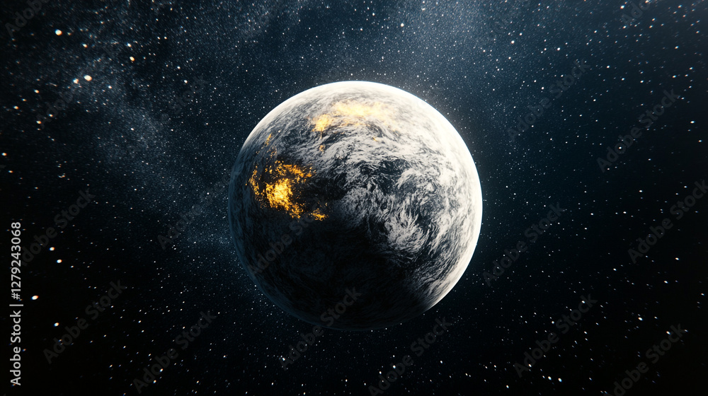 Poster stunning view of a distant planet illuminated by starlight in the vast universe