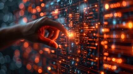 A hand interacts with a digital interface displaying complex data and glowing graphical elements.