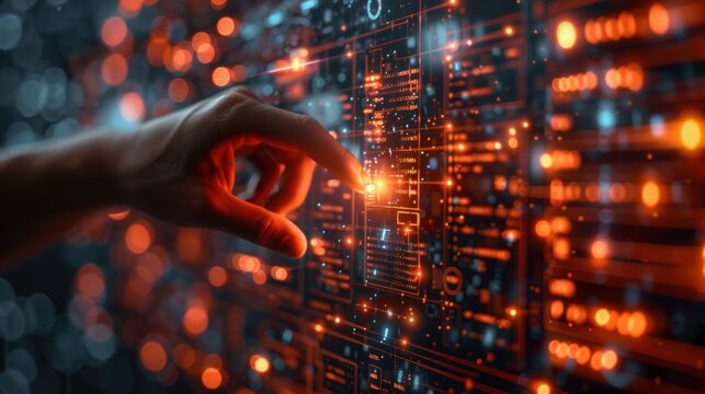 A hand interacts with a digital interface displaying complex data and glowing graphical elements.