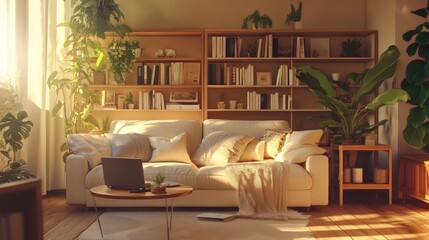 Fototapeta premium Cozy Living Room With Plants and Warm Lighting Creates an Inviting Atmosphere for Relaxation and Productivity During the Morning Hours