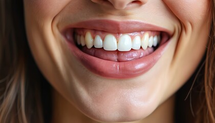Obraz premium Close-up of smiling woman mouth. Perfect white teeth, healthy gums. Dental care, whitening, oral hygiene concept. Beautiful smile with natural pink lipstick. Confident young woman.