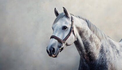 Elegant dapple gray horse portrait with a leather halter