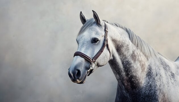 Elegant dapple gray horse portrait with a leather halter
