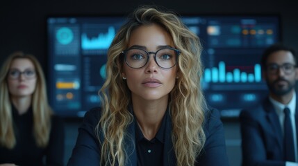 Confident businesswoman in glasses at a business meeting, focused on data displayed on a large screen, colleagues blurred in the background.