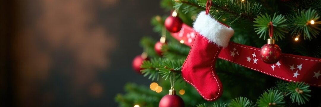 White star-patterned ribbons wrapped around the branches of a fir tree featuring hungred red Christmas stockings, ornaments, Christmas, holly