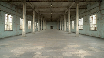 Empty warehouse interior, large space, industrial architecture, aged walls, potential for renovation
