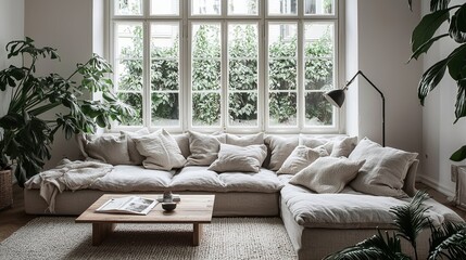 Modern Living Room Filled With Greenery and Natural Light, Showcasing a Cozy Atmosphere and Stylish Decor in a Bright, Inviting Space