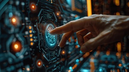 A hand interacts with a futuristic holographic interface.  Complex technological dashboard with glowing displays and digital information.  Close-up view of a finger touching a holographic element.
