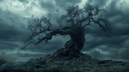 Fototapeta premium Ancient gnarled tree under stormy sky.